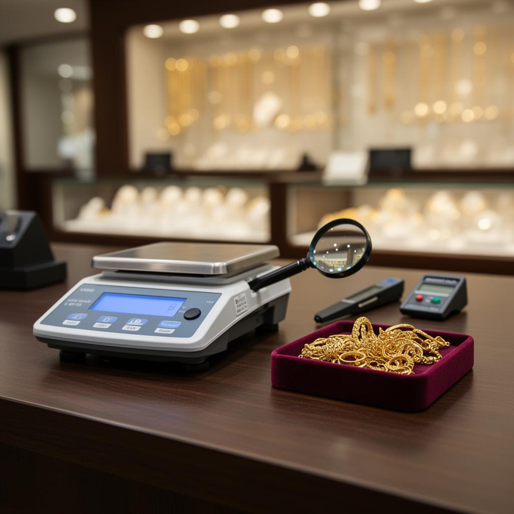Jeweler testing and weighing gold for a Draper customer